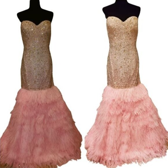 Couture Luxurious Ostrich Feathers Designer Embroidery Evening Prom Gown Dress - Picture 15 of 16